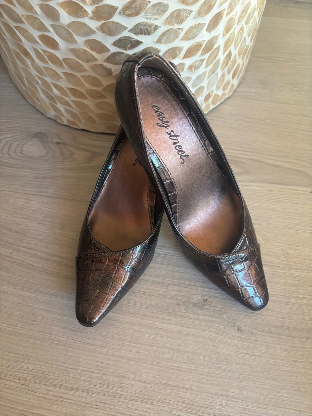 easy street Brown Croc-Embossed Pointed Toe Flats